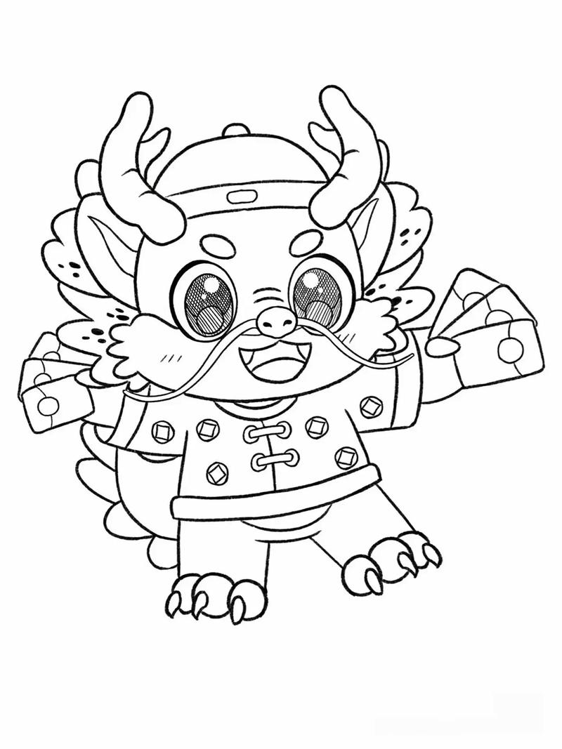 可愛的龍年卡通龍線稿涂色.