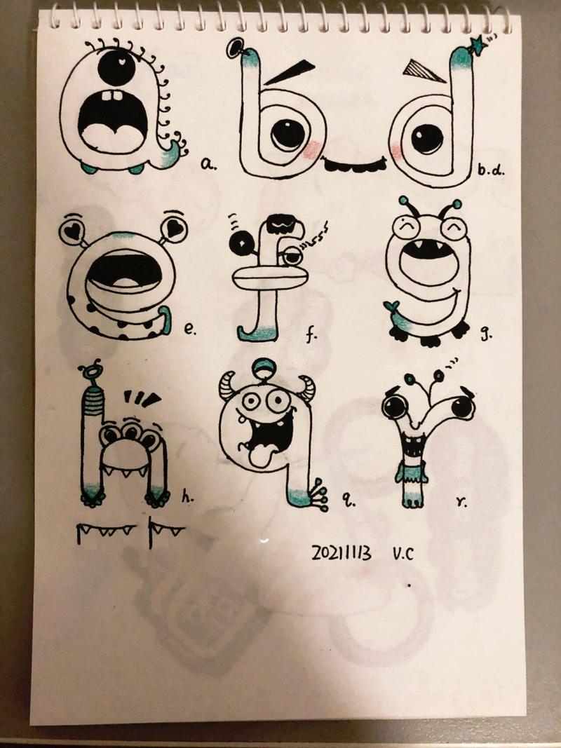 完成了小寫英文字母的簡筆畫 	 真的發(fā)現(xiàn)英文字母和小怪獸的大眼睛